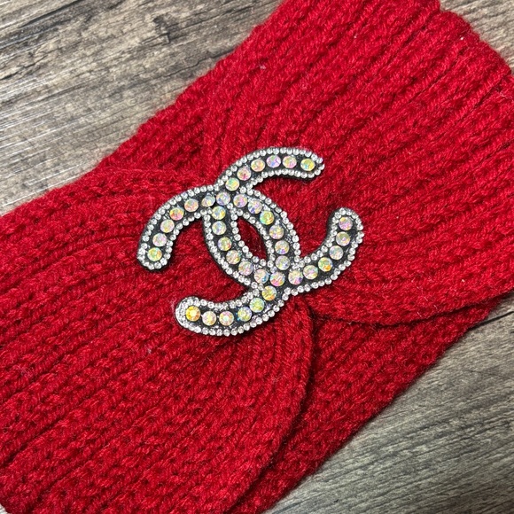 Vibrant Red Knit Headband with Embellished Logo - Picture 2 of 4